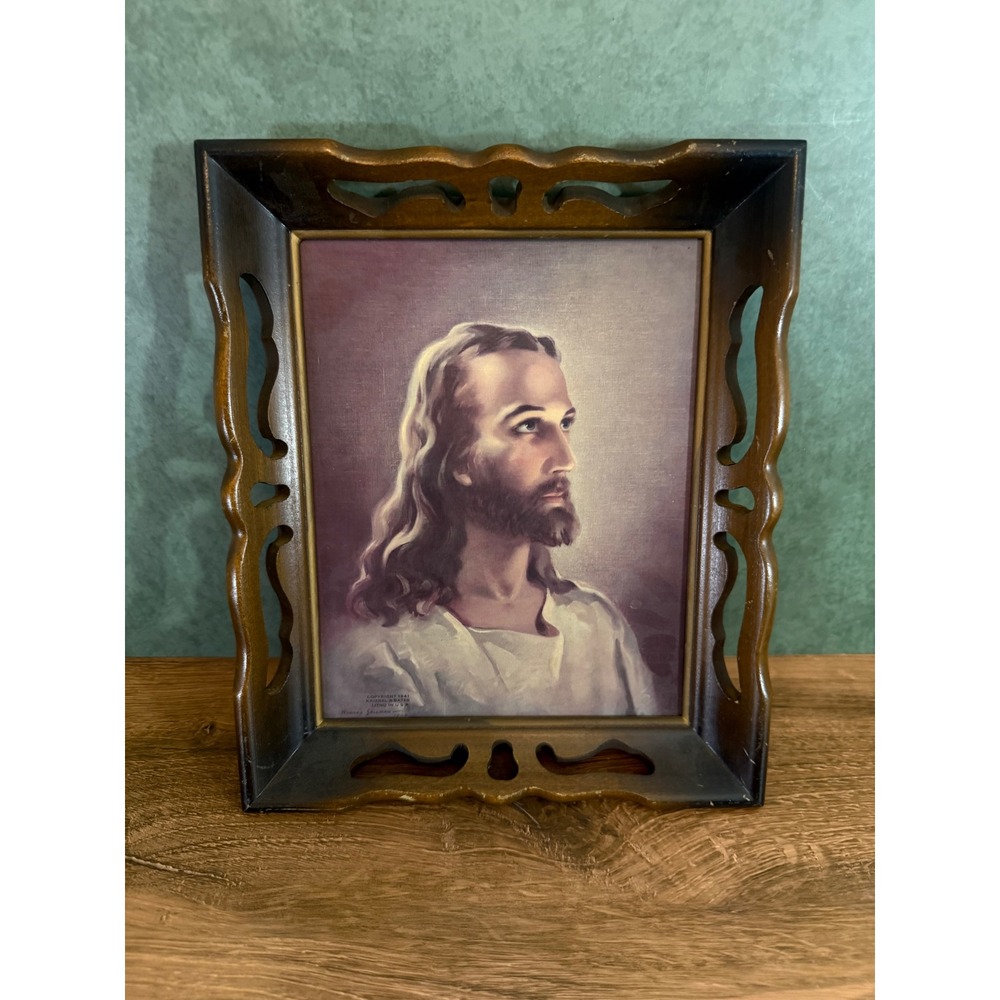 Vintage 1941 Warner Sallman Head of Christ Lithograph Hand Carved Wood Frame